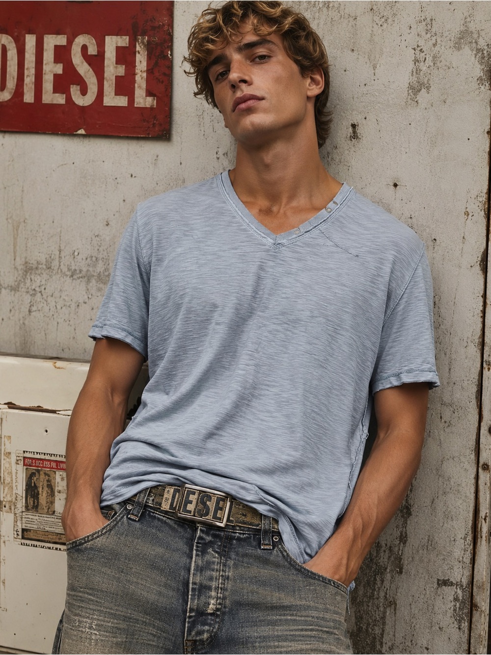 Diesel Men’s Cotton Slub V neck Light Blue Short sleeve Tee Sz M fitted